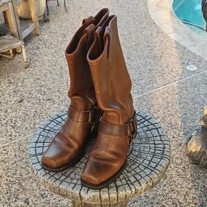Vintage Frye Women's Square Toed Harness Tan Brown Leather Boots, Size 7